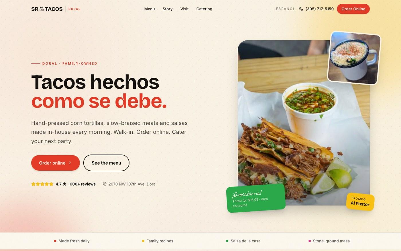 Screenshot of the Sr. de los Tacos Doral website
